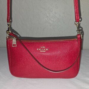 COACH F25591 Red Crossgrain Leather Top Handle Pouch Crossbody Shoulder Bag